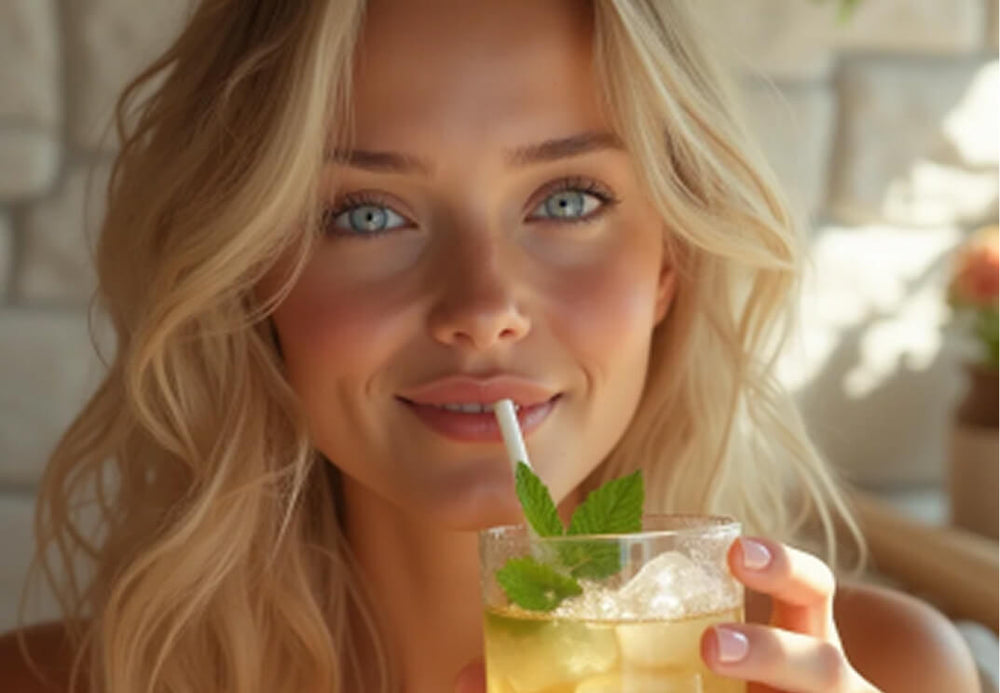 Woman holding a cocktail with a straw and mint leaf, blurred background